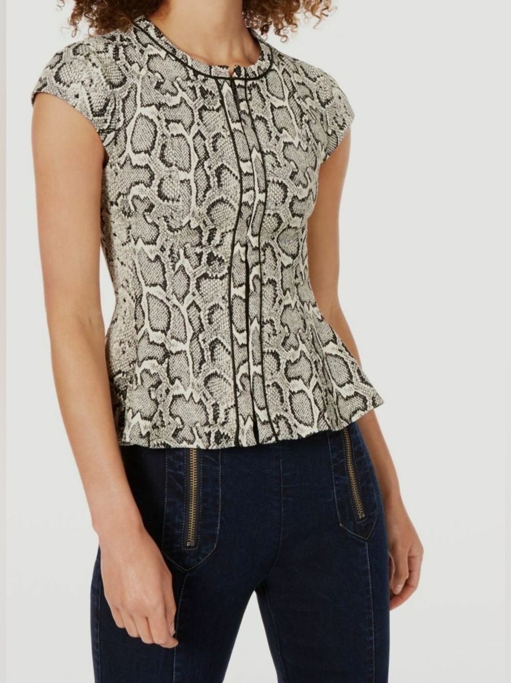 Nanette Lepore Black & Cream Snake-Print Cap Sleeve Peplum Top 1138